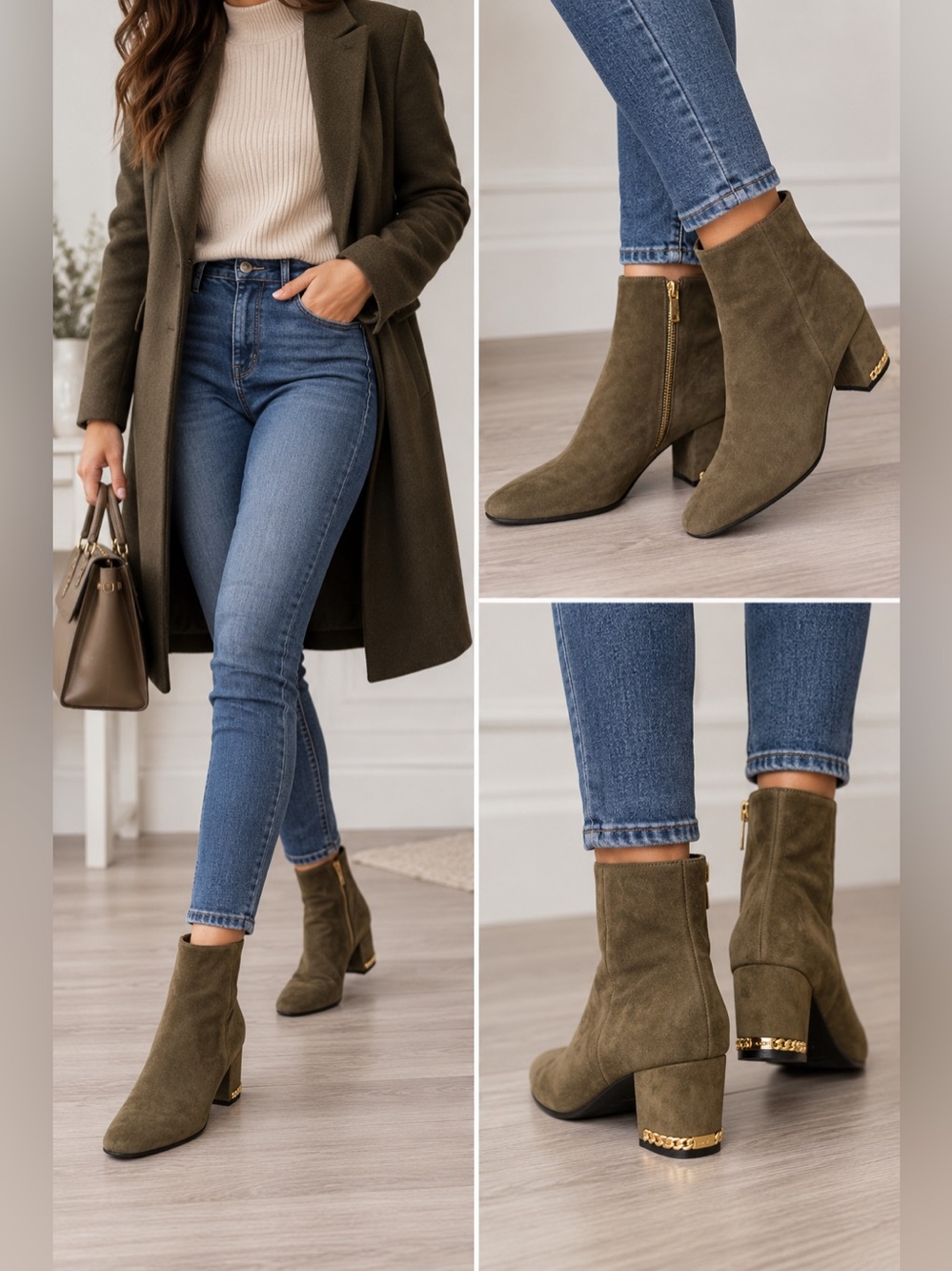 Michael Kors Women’s Olive Suede Ankle Boots with Gold Chain Accent
